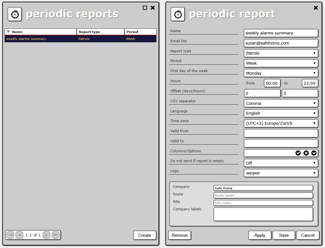 Periodic reports list and periodic report details