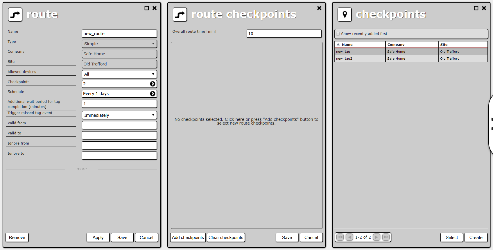 Route creation, route checkpoint list and site checkpoint list
