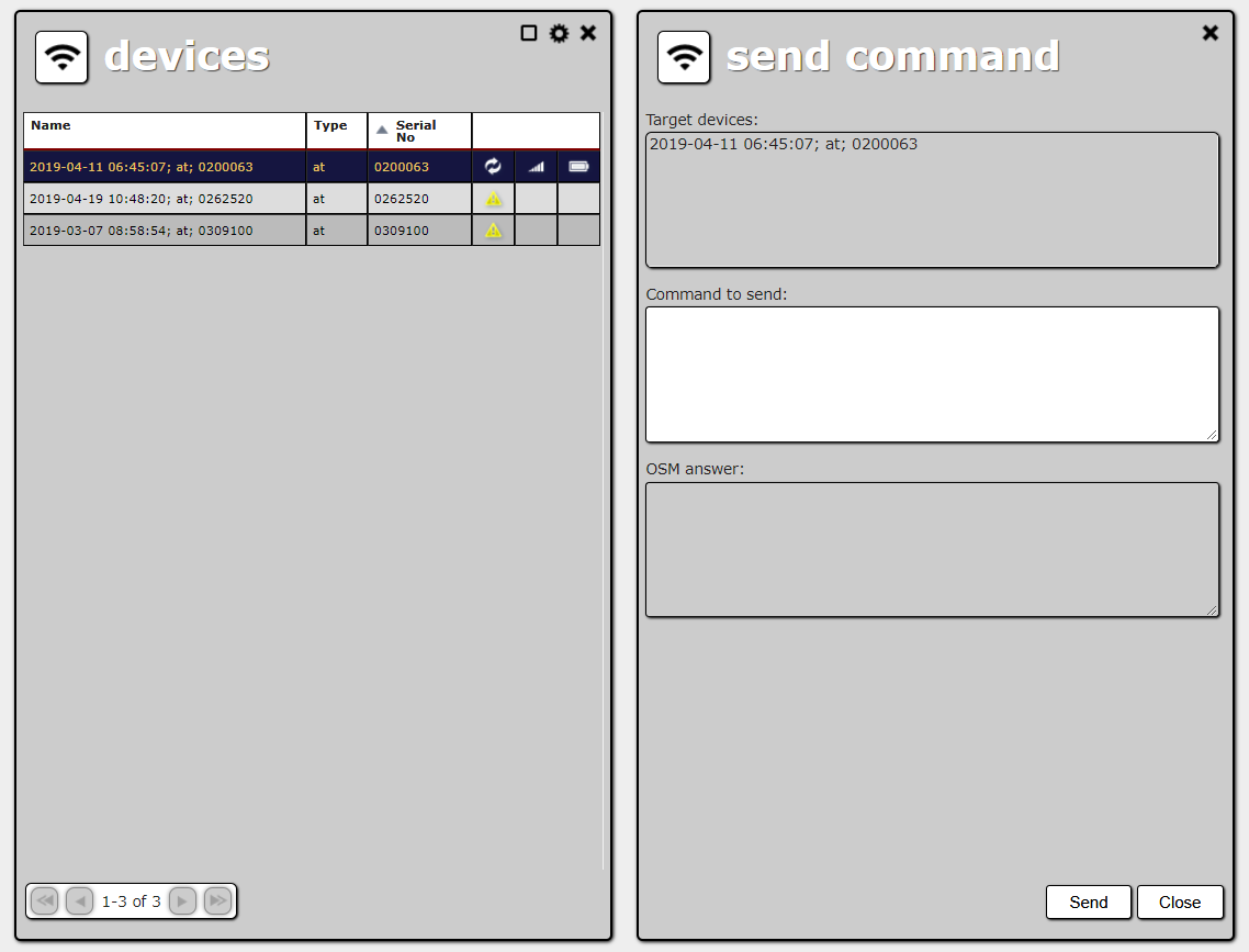 Device list and send command panel