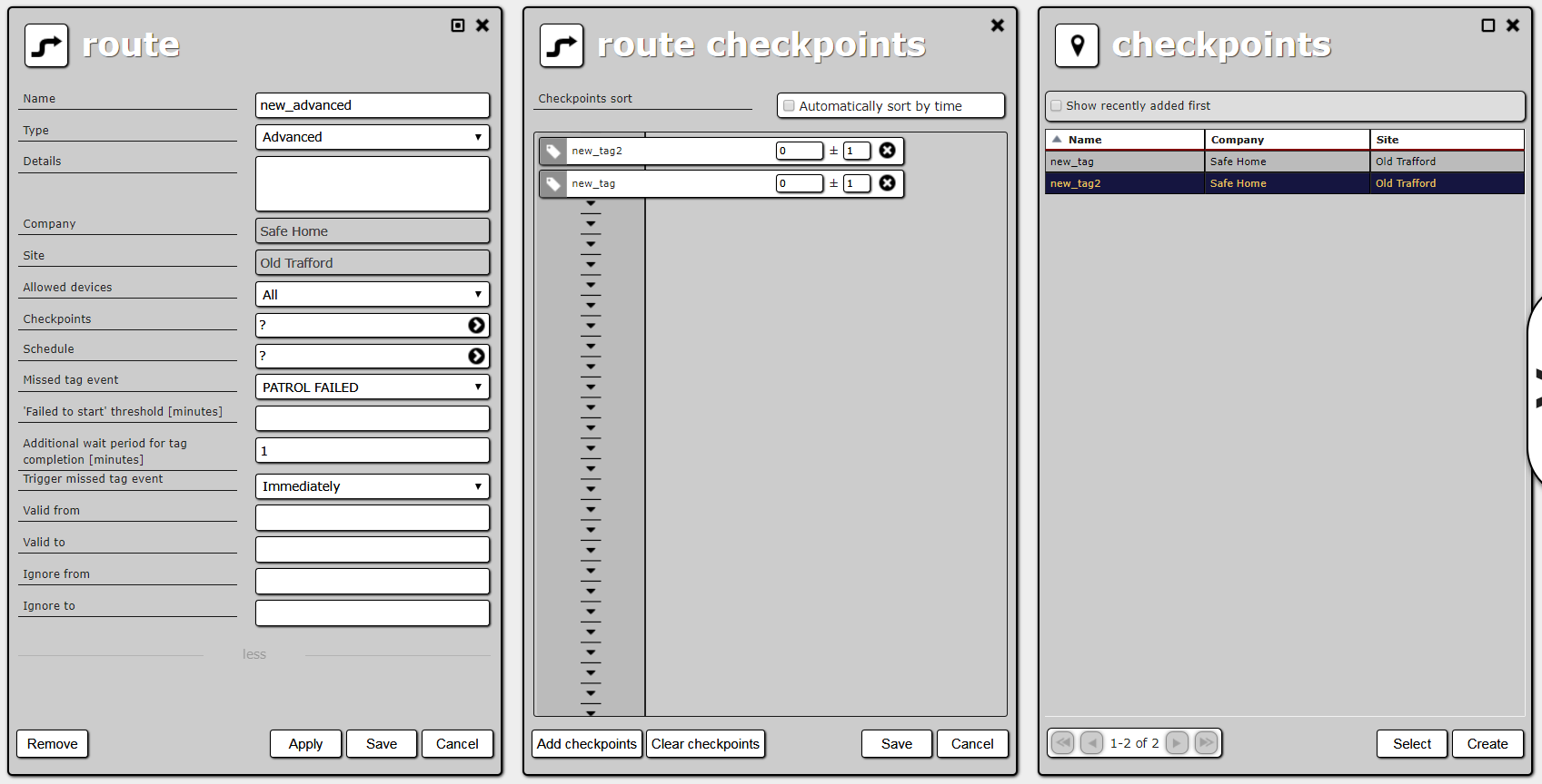 Advanced route details, route checkpoint list and site checkpoint list